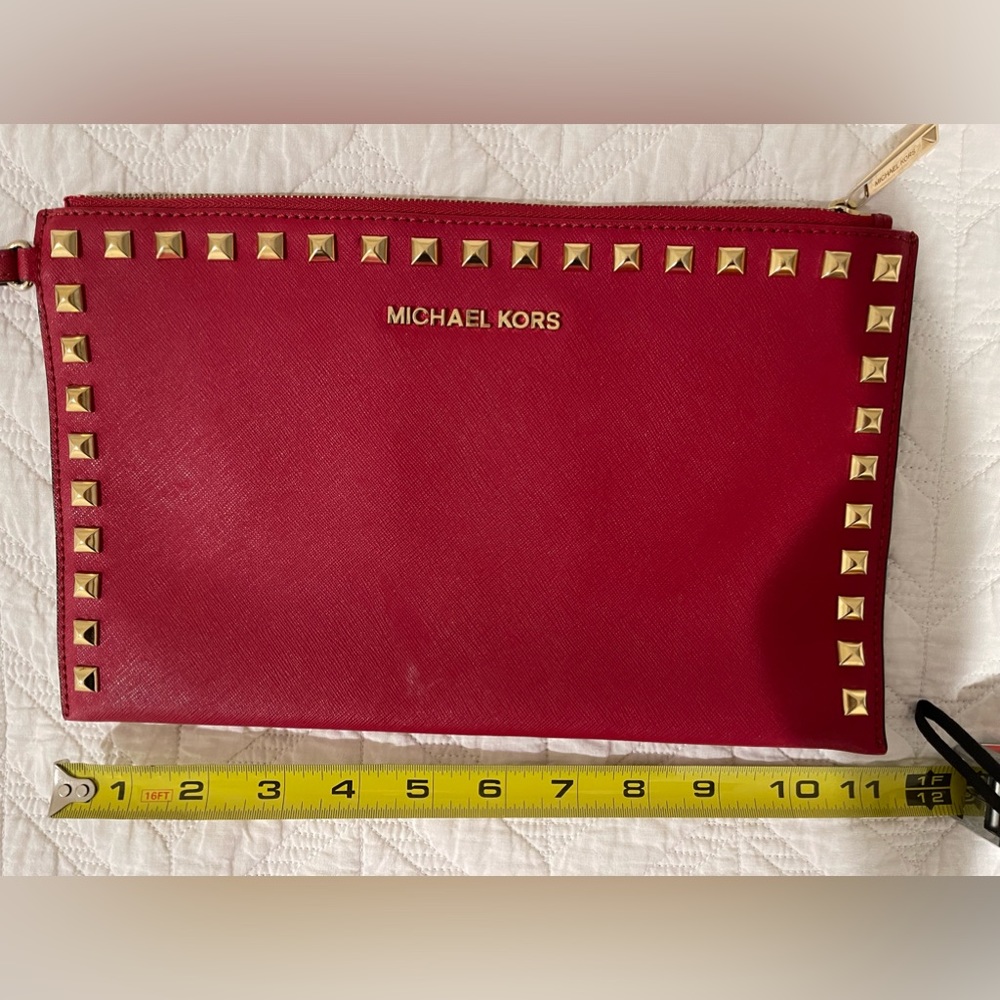 MICHAEL KORS LARGE Saffiano Leather Red/Gold Studded Wristlet Clutch